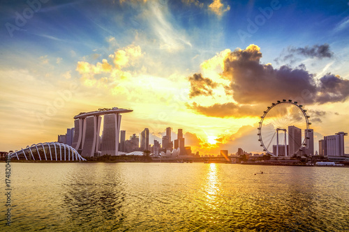SINGAPORE CITY, SINGAPORE: Sep 29,2017: Singapore Skyline. Singapore`s business district, marina bay sand and the garden by the bay on sunset.