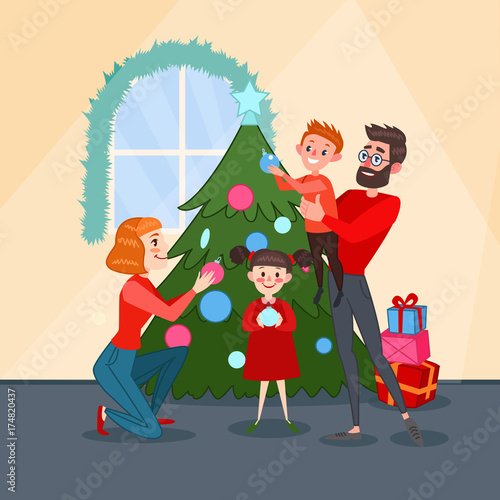 Happy Family Decorating Christmas Fir Tree. Father, Mother, Son and Daughter Celebrating New Year. Vector illustration