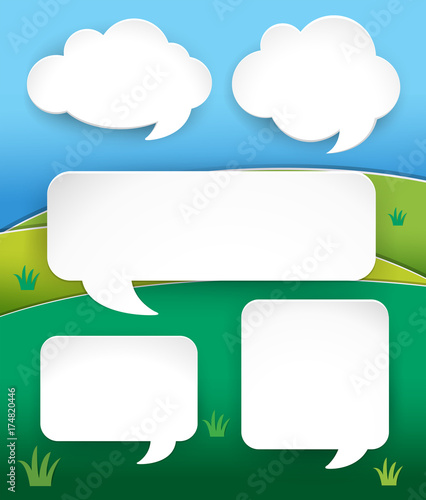 Different shapes of speech bubbles over the hills