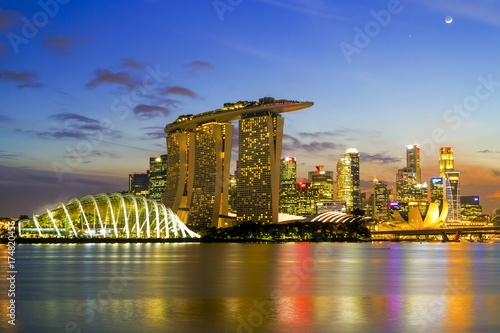 SINGAPORE CITY, SINGAPORE: Sep 29,2017: Singapore Skyline. Singapore`s business district, marina bay sand and the garden by the bay on sunset.