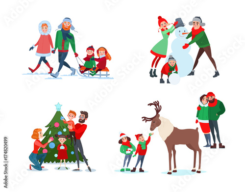 Christmas Family Scenes. Father, Mother and Son Making Snowman. Kids Feeding Reindeer. Family Decorating Christmas Tree. Parents with Kids Sledding. Vector illustration