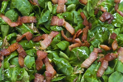 Field salad (Valerianella locusta) with roasted bacon strips photo