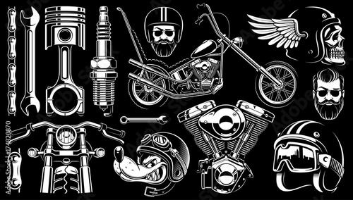 Motorcycle clipart with 14 elements on dark background.