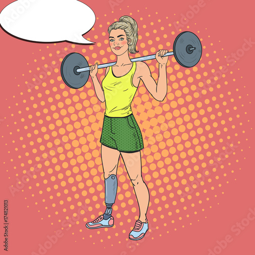 Pop Art Disabled Woman with Leg Prosthesis in Gym. Handicapped Sport. Paralympic Athlete. Vector illustration