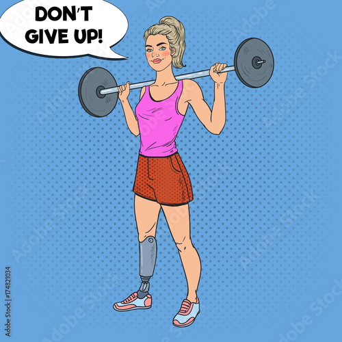 Pop Art Disabled Woman with Leg Prosthesis in Gym with Barbell. Handicapped Sport. Paralympic Athlete. Vector illustration