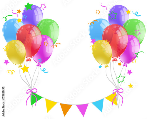 Colorful balloons and flags on white background
