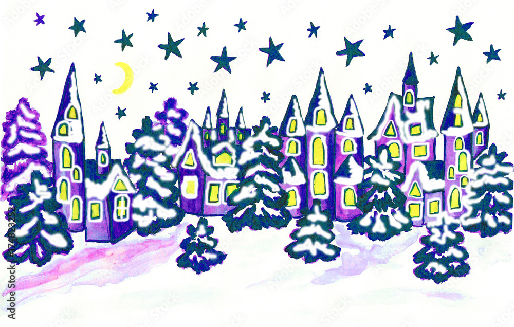 Winter landscape with houses in blue colours Winter landscape with houses in blue colours
