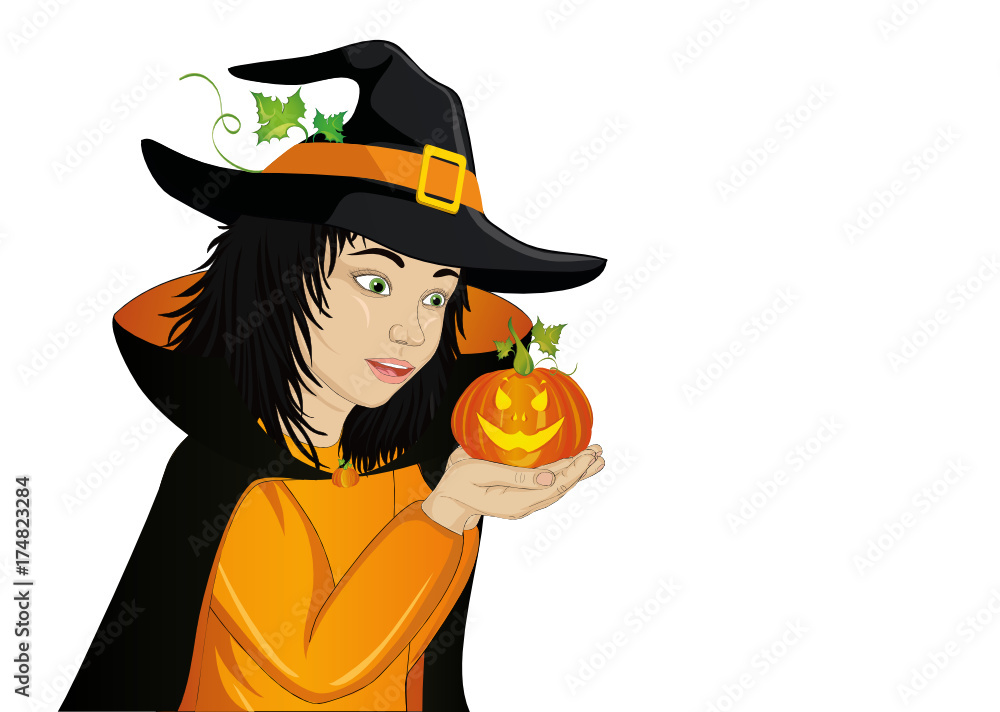 Wow !Halloween. Happy girl in a hat and a witch costume blowing 