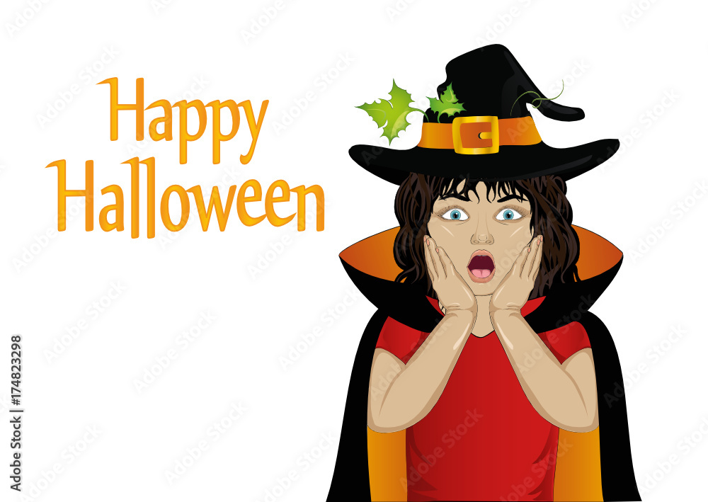 Halloween.Girl in hat and witch costume is surprised. wow. Vector
