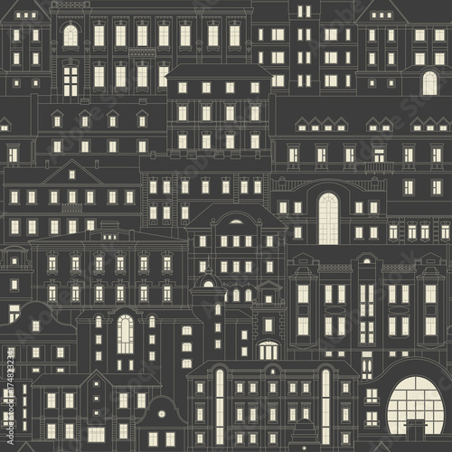 Vector seamless vintage pattern of old houses of nonexistent city at night. Thin line facades with light windows are arranged one behind the other. White on black background.