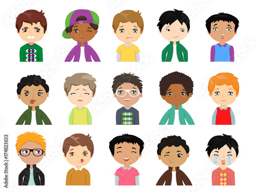 Set of Cartoon cute multi-ethnic boys face emotions Vector Icons. Set of 15 emotions. Funny kids of different races with various hairstyles.
