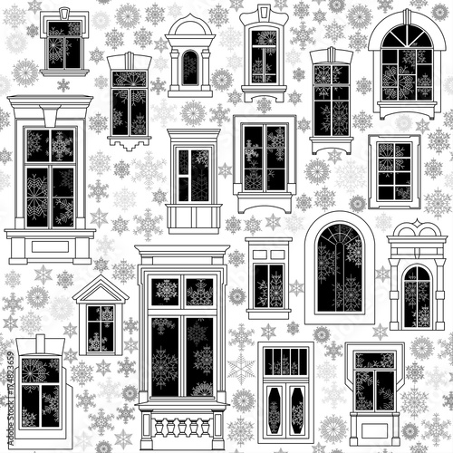 Seamless vector christmas pattern from different old windows and snowflakes inside and outside. White background, black windows and outline.