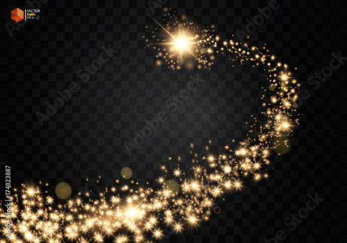Cosmic glittering wave. Gold glittering stars dust trail sparkling particles on transparent background. Space comet tail. EPS 10 vector
