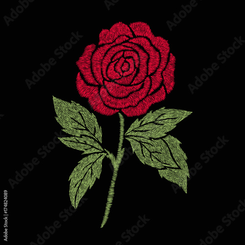 red rose embroidery artwork design for clothing, isolated flower vector on black background