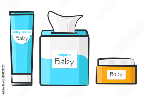 Vector illustration of cartoon milky cream and wipes for baby.