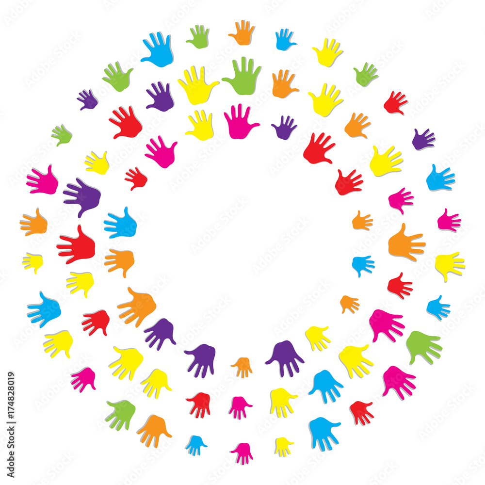 Abstract stylized multicolored circle of human palm hand. Holiday of friendship. Vector illustration