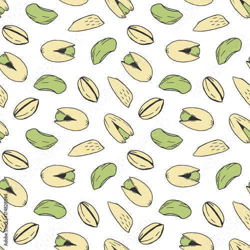 Vector doodle pistachio nuts seamless pattern background.