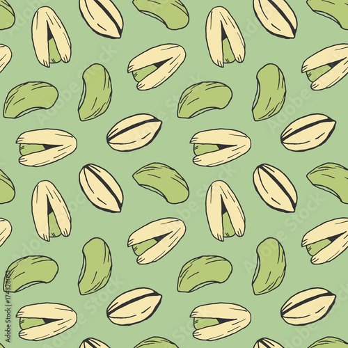 Vector doodle pistachio nuts seamless pattern background.
