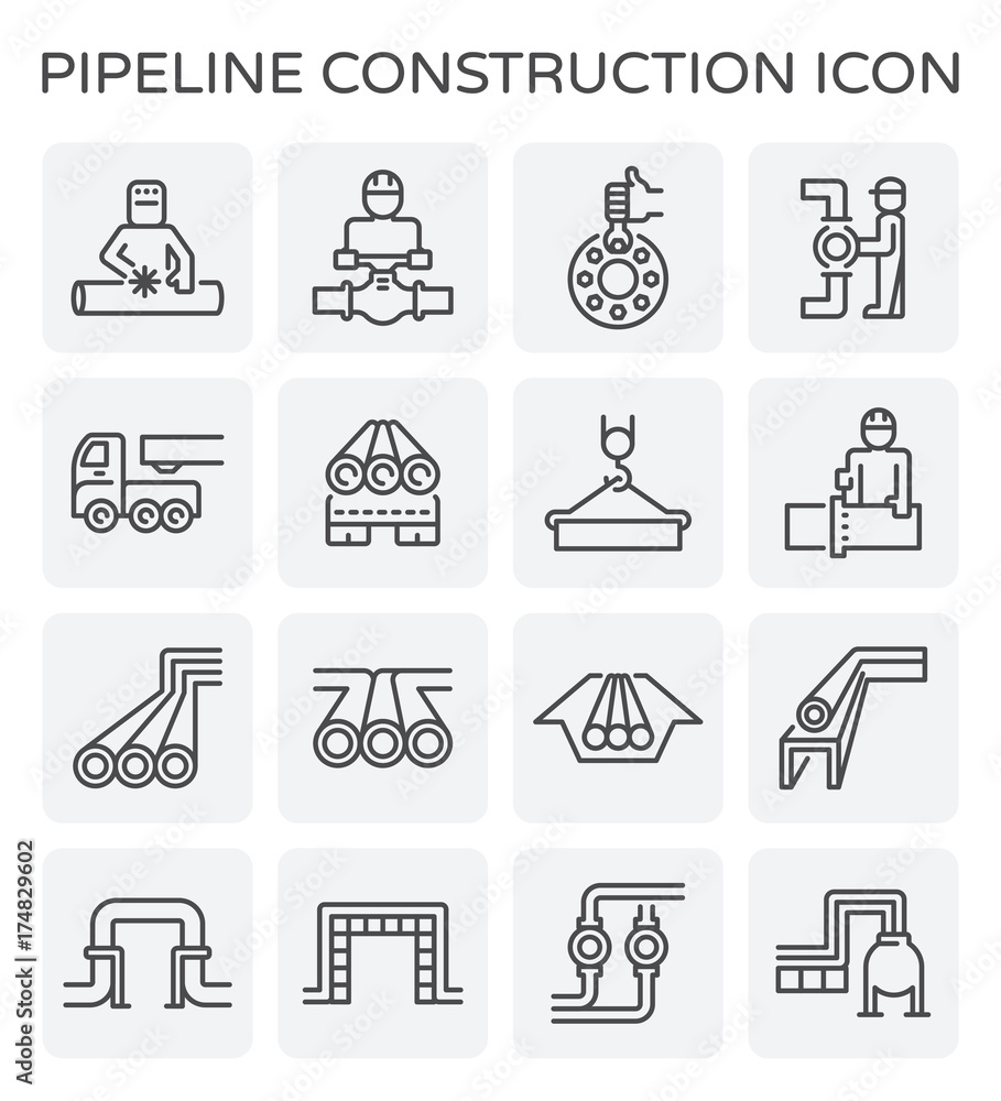 Pipeline construction, maintenance and repair vector icon. By crane, worker, welder and welding work. For transportation or supply crude oil, natural gas, gasoline or petroleum in industrial plant. Pipeline construction, maintenance and repair vector icon. By crane, worker, welder and welding work. For transportation or supply crude oil, natural gas, gasoline or petroleum in industrial plant.