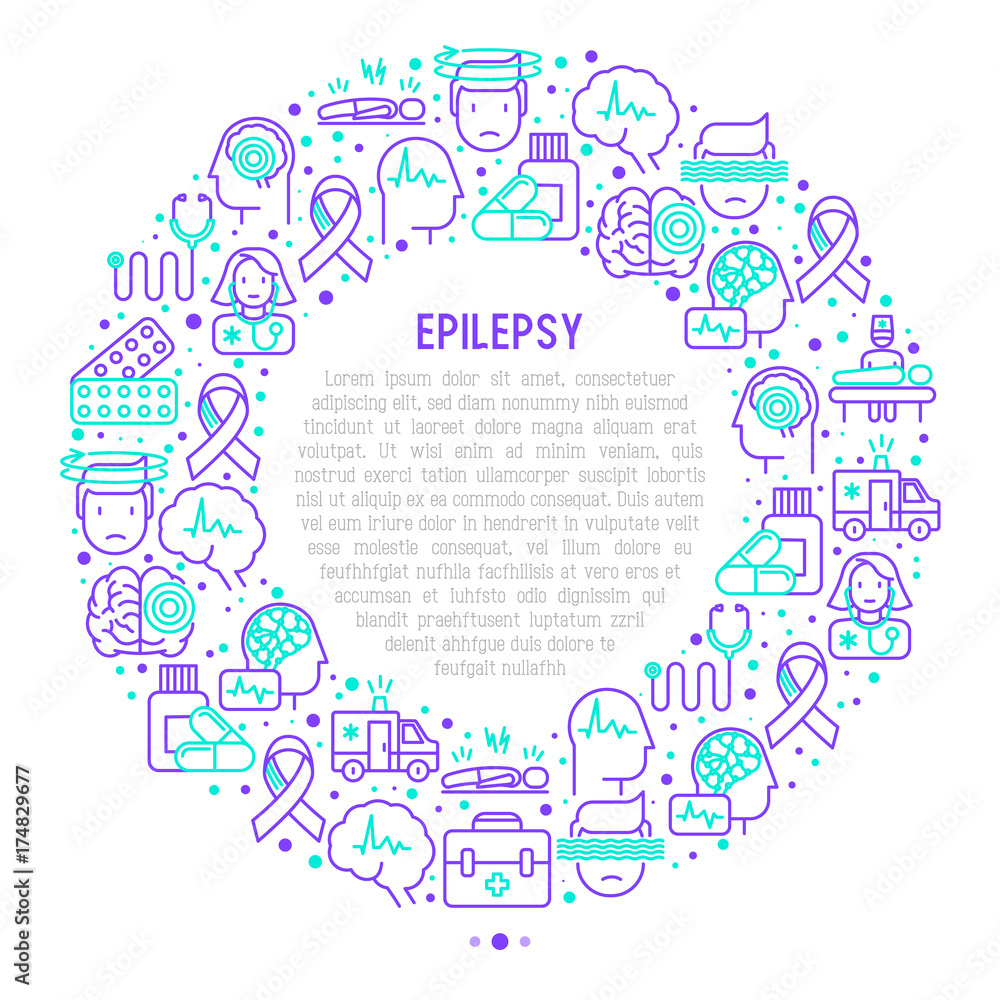 Epilepsy concept in circle with thin line icons of symptoms and treatments: convulsion, disorder, dizziness, brain scan. World epilepsy day. Vector illustration for banner, web page, print media. Epilepsy concept in circle with thin line icons of symptoms and treatments: convulsion, disorder, dizziness, brain scan. World epilepsy day. Vector illustration for banner, web page, print media.