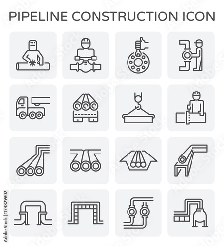 Pipeline construction, maintenance and repair vector icon. By crane, worker, welder and welding work. For transportation or supply crude oil, natural gas, gasoline or petroleum in industrial plant.