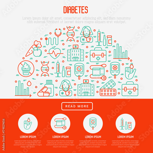 Diabetes concept with thin line icons of symptoms and prevention care. Vector illustration for background of medical survey or report, for banner, web page, print media with place for text.