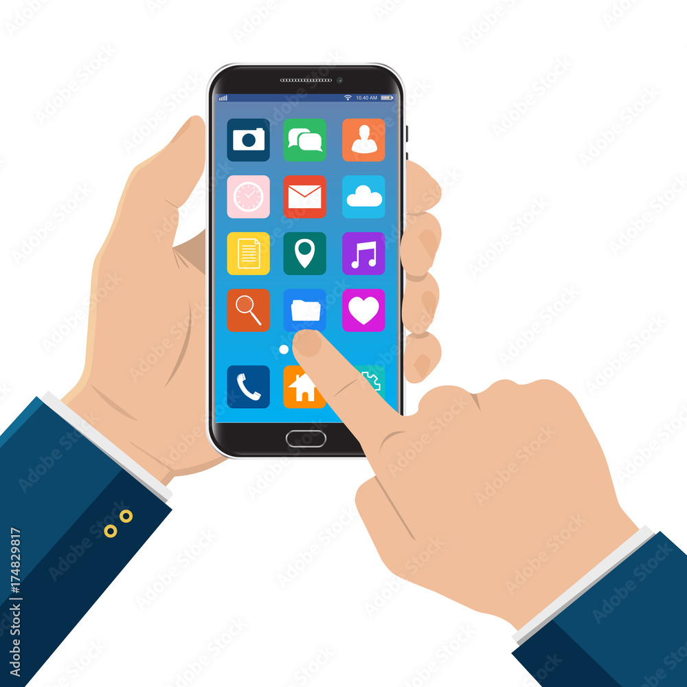 Hand touching smart phone with icons on the screen. Flat vector illustration. Hand touching smart phone with icons on the screen. Flat vector illustration.