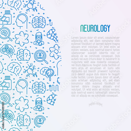 Neurology concept with thin line icons: brain, neuron, neural connections, neurologist, magnifier. Vector illustration for medical survey or report with place for text.