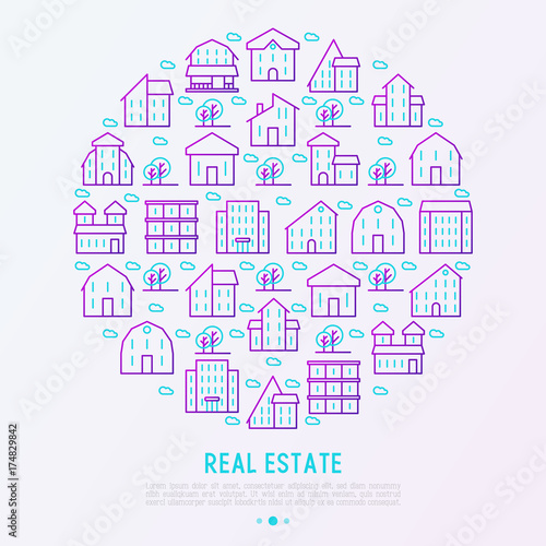 Real estate concept in circle with thin line houses and trees. Modern vector illustration for background of banner  web page  print media.