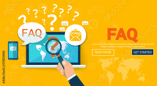 FAQ website banner. Vector illustration concept for frequently asked questions or questions and answers, client or customer support, product and service information.