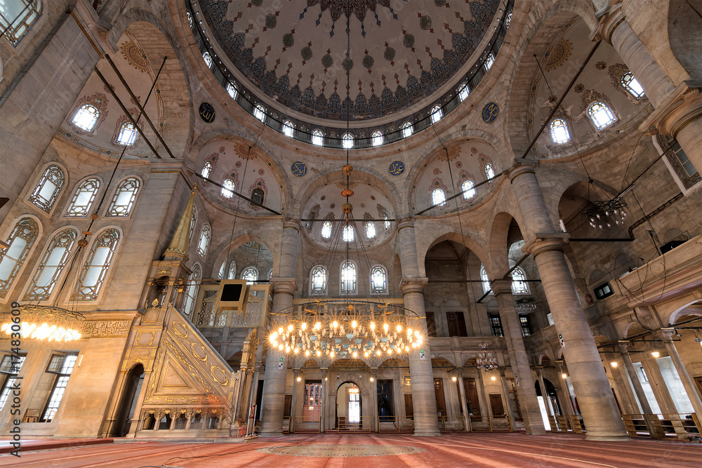 Interior low angle shot of Eyup Sultan Mosque situated in the Eyup district of Istanbul, Turkey, outside the city walls near the Golden Horn. The present building dates from the beginning of the 19th