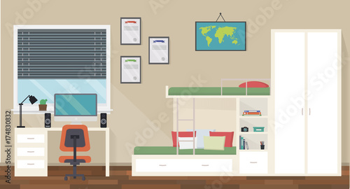 Modern teenager room interior design with trendy workspace for homework: table, chair, map, lamp, computer, stationery, books and bunk bed. Flat style vector illustration.