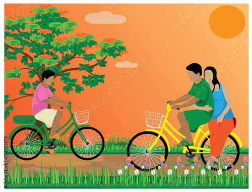 people drive bicycle in park vector design