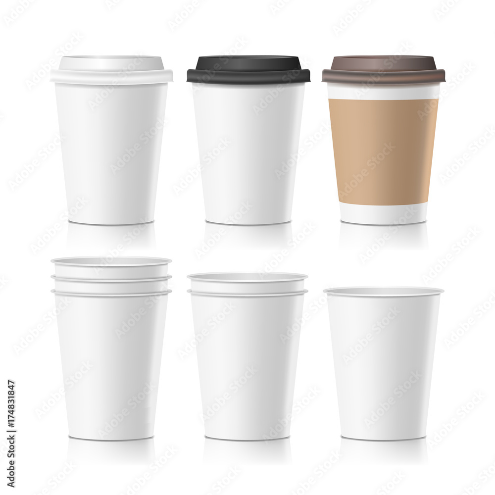 Set Coffee Paper Cups Vector. Empty Clean Paper Collection 3d Coffee Cup Mockup. Isolated Illustration Set Coffee Paper Cups Vector. Empty Clean Paper Collection 3d Coffee Cup Mockup. Isolated Illustration