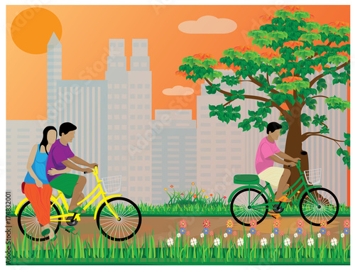 people drive bicycle in park vector design
