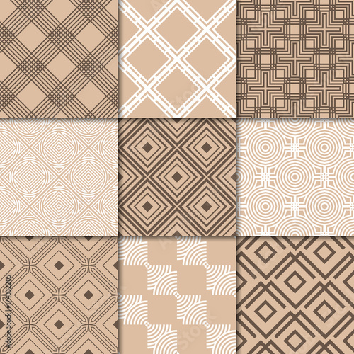 Brown beige geometric ornaments. Collection of seamless patterns