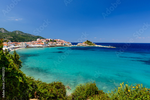 Picturesque Bay with blue water in Kokkari village  Samos island  Greece
