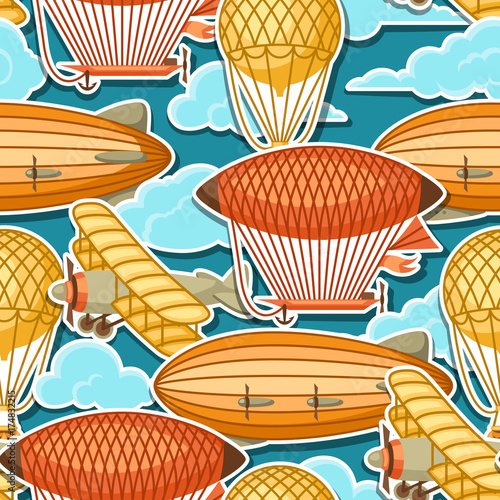 Seamless pattern with retro air transport. Vintage aerostat airship, blimp and plain in cloudy sky