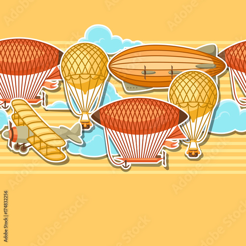 Seamless pattern with retro air transport. Vintage aerostat airship, blimp and plain in cloudy sky