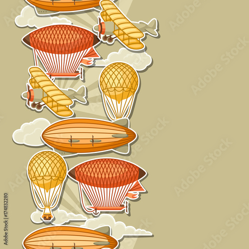 Seamless pattern with retro air transport. Vintage aerostat airship, blimp and plain in cloudy sky