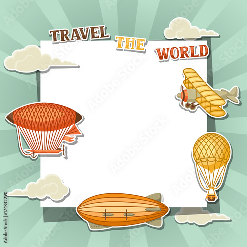 Travel background with retro air transport. Vintage aerostat airship, blimp and plain in cloudy sky