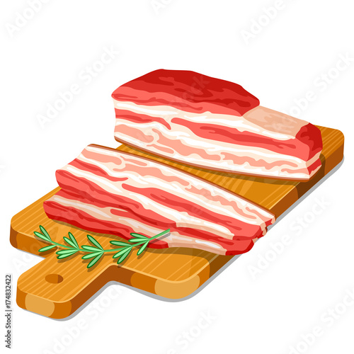 Becon slices with rosemary on wooden cutting board