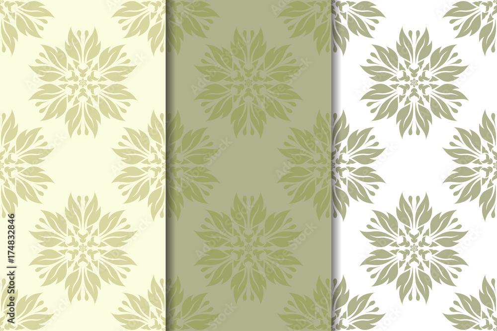 Olive green floral designs. Set of seamless patterns Olive green floral designs. Set of seamless patterns