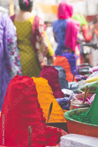 Colorful powder for sale on the festive occassion of Holi in India.