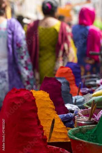 Colorful powder for sale on the festive occassion of Holi in India.