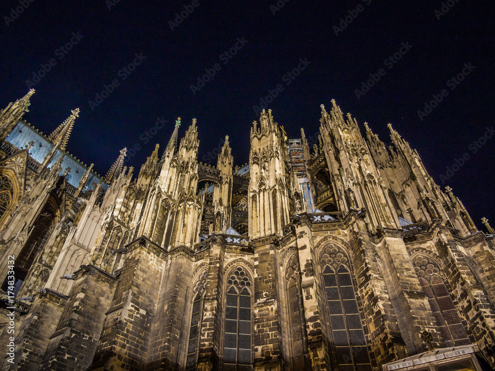 Night view of Cologne Cathedral, monument of German Catholicism and Gothic architecture  in Cologne, Germany.
