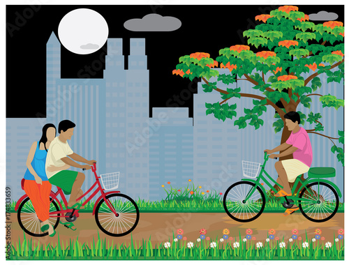 people drive bicycle in park vector design