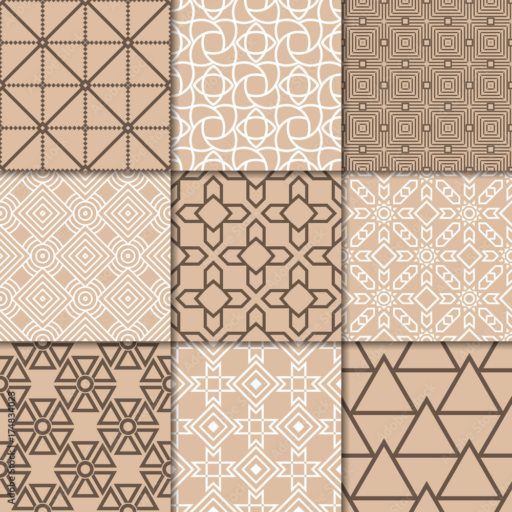 Brown beige geometric ornaments. Collection of seamless patterns Brown beige geometric ornaments. Collection of seamless patterns