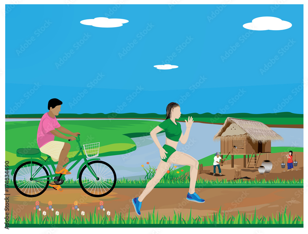 Fototapeta premium the lady run exercise at countryside vector design