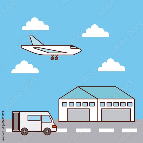 warehouse delivery airplane and truck transport vector illustration